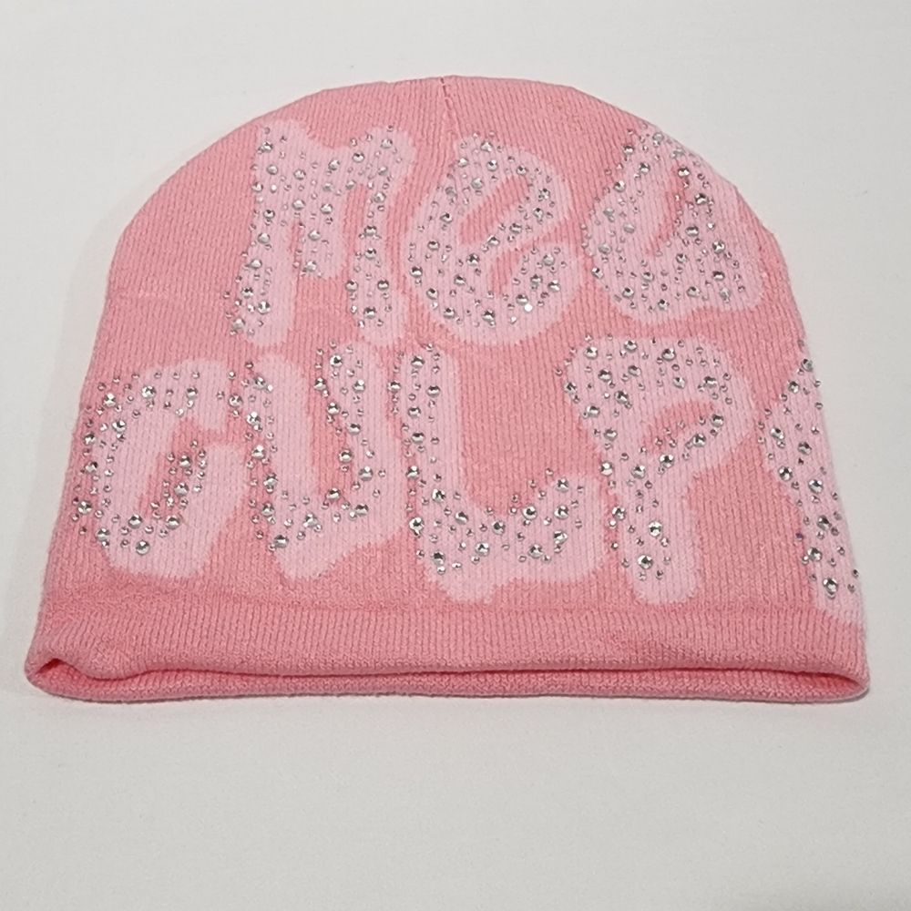 MEA Culpa Beanie Y2k Women Hat Graphic Rhinestone Accents Pink Winter Knit Skull